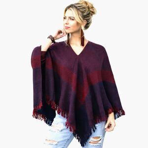 Vintage Churchill Handwoven Poncho Cape Fringe Plaid Jewel Tone Wrap